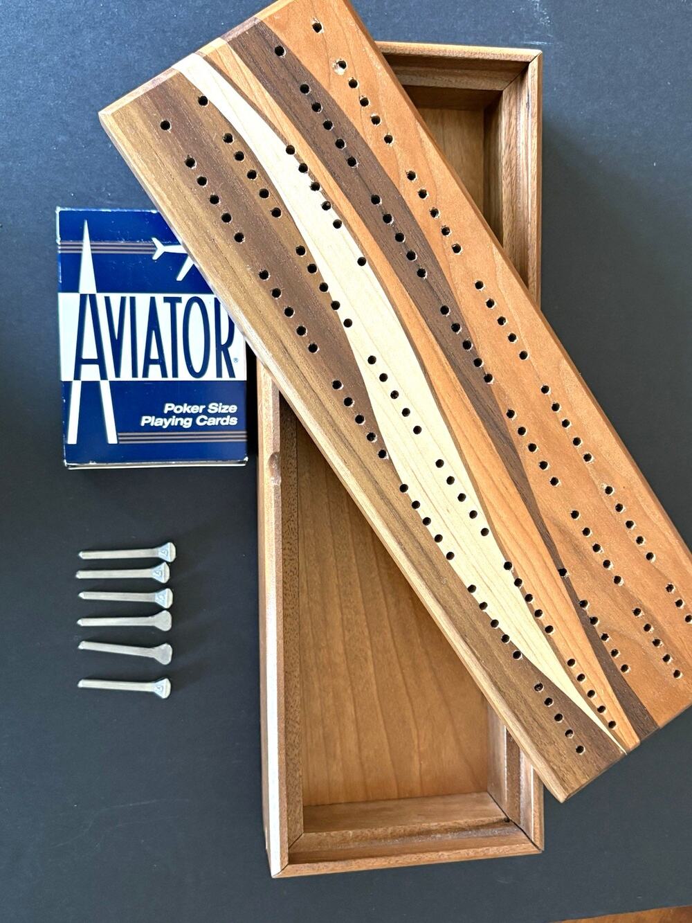 Cribbage Wooden Board Game Set w/ 6 Metal Pegs & Cards, Handcrafted